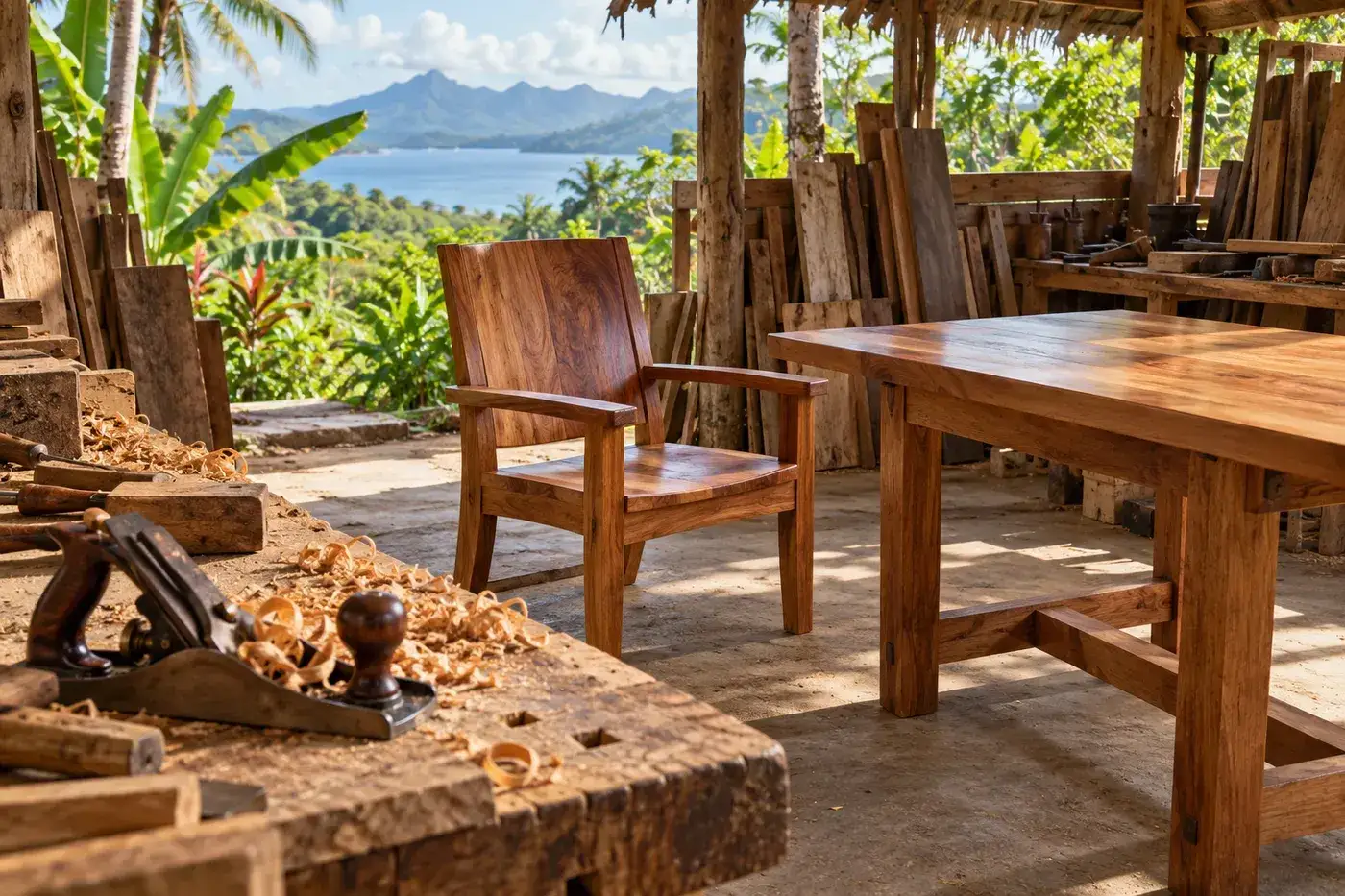 AI-generated example photo of handmade timber furniture in a tropical carpentry workshop