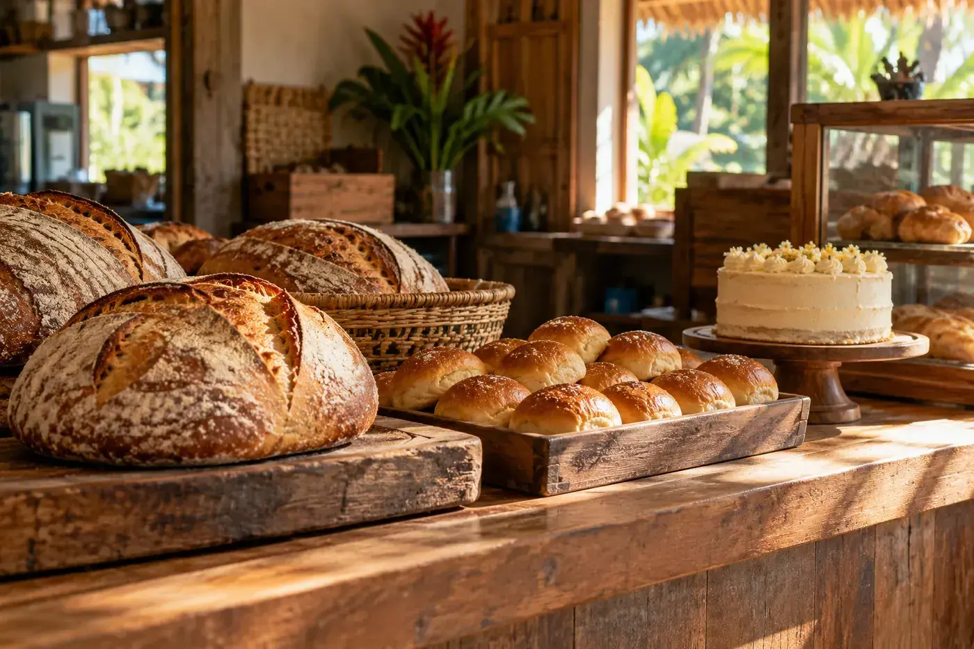 AI-generated example photo of bread and a celebration cake on a bakery counter
