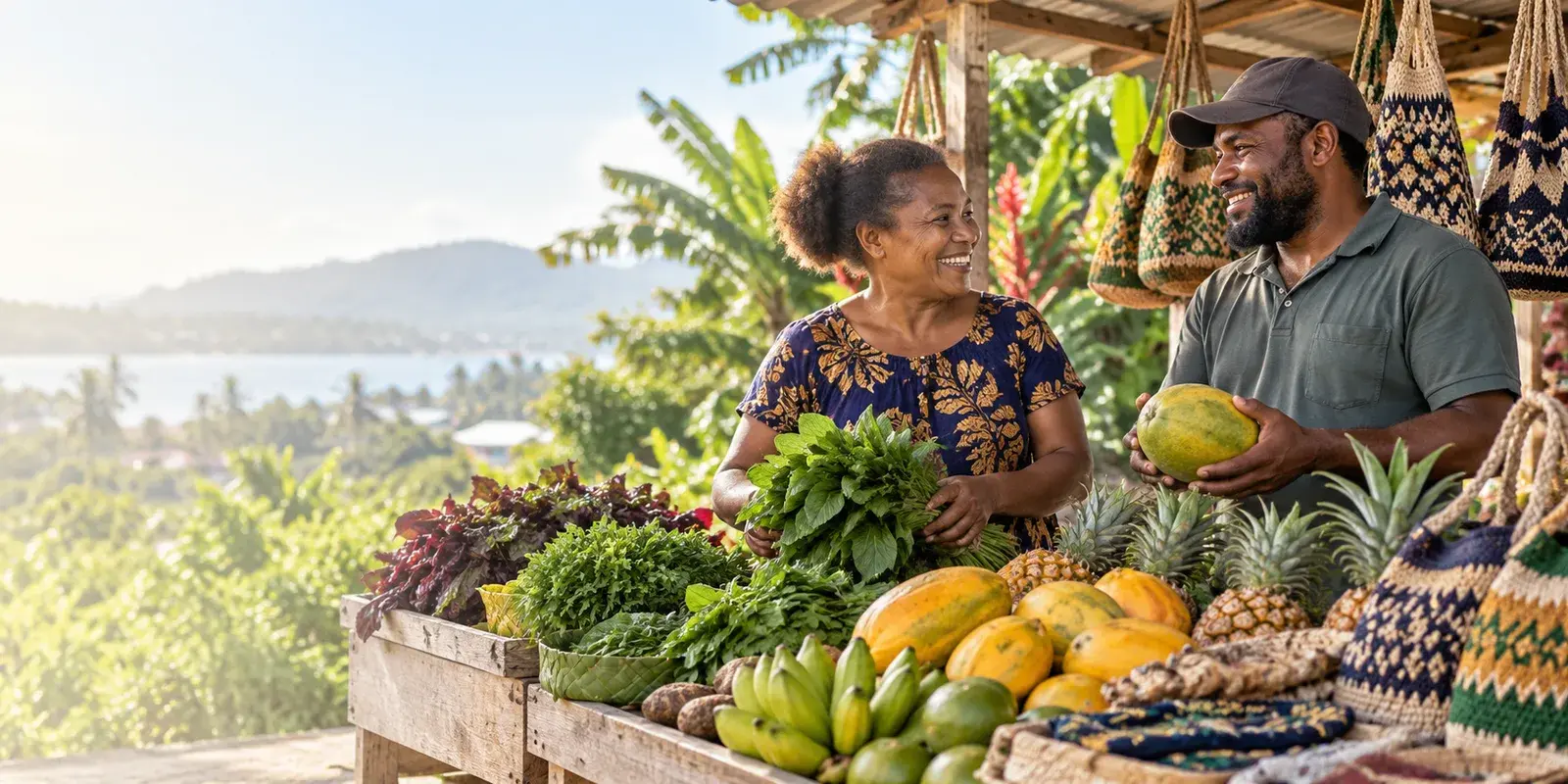 Illustration of small-business owners with fresh produce and handwoven bags at a Papua New Guinea market